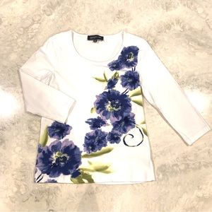 Jones New York Watercolor Sequin Floral Print White Top